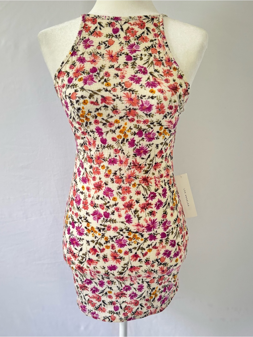 Timing NWT Floral Bodycon Mini Dress Cutout Back Tie Small Ribbed Boho